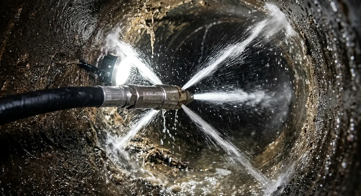 High-pressure hydro jetting nozzle cleaning sewer pipe for Emergency Drain Service in West Mifflin