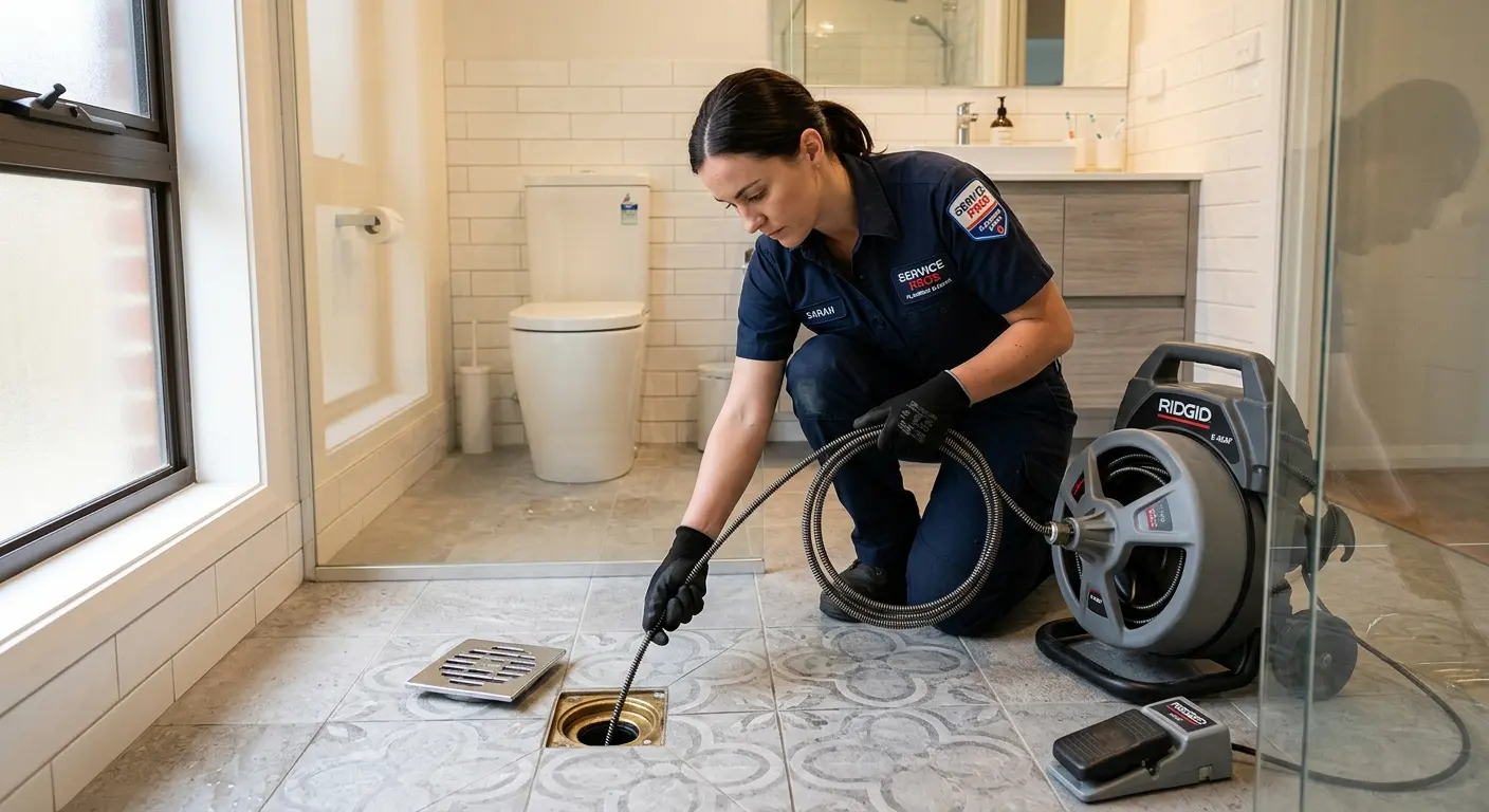 Technician clearing a bathroom floor drain for Sewer Line Replacement in West Mifflin